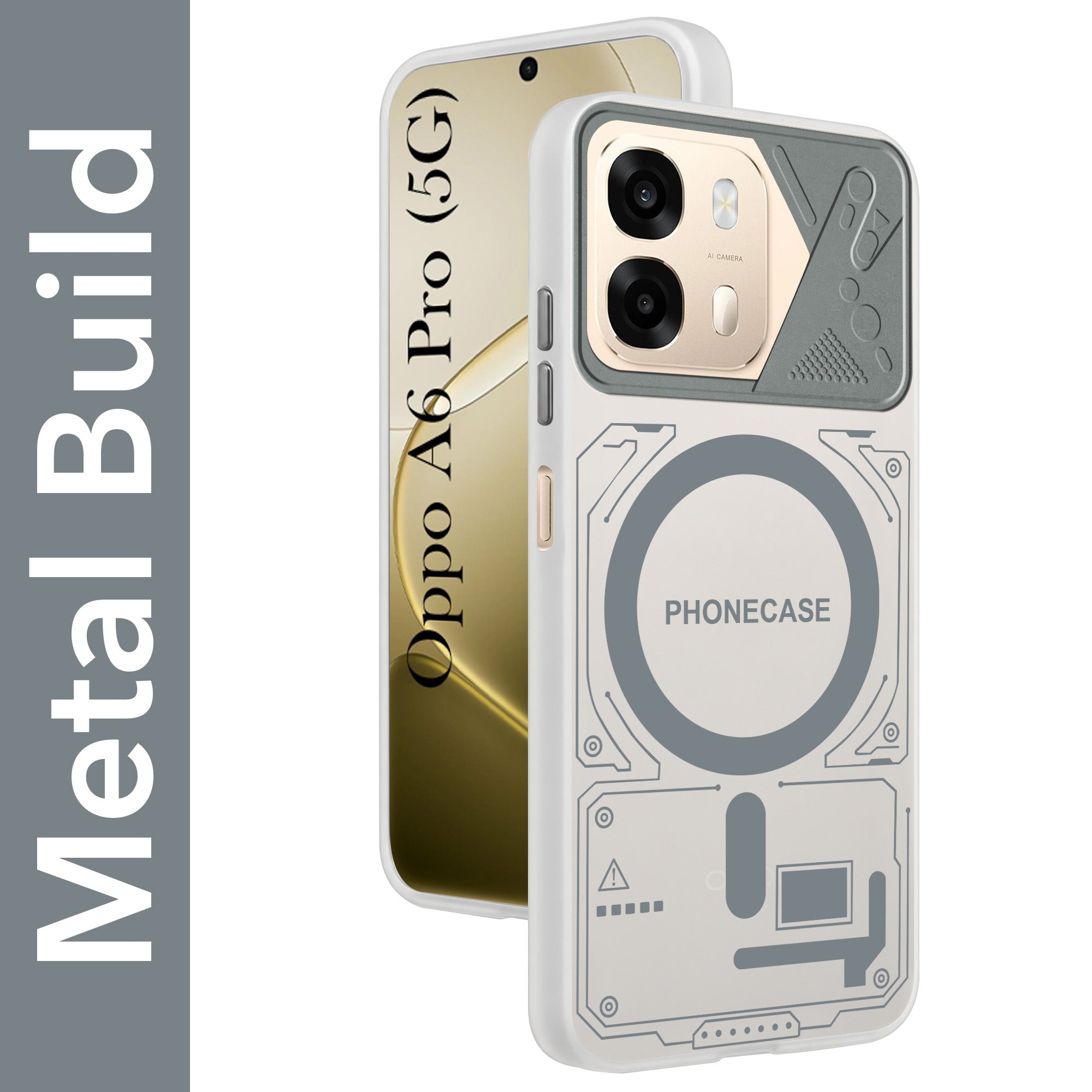 For Oppo A6 Pro Metallic Back Cover Case (Metallic Camera Protection & Buttons | Translucent Milky Shade | Hard Polycarbonate)