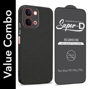 For Vivo Y51 Pro 5G | Vivo T5x Combo with Back Cover and 9H Tempered Glass (Liquid Silicone | Camera Protection | Oleophobic Coating Screen Glass)