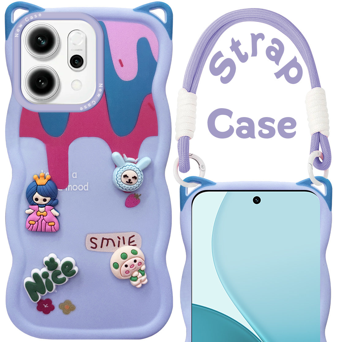 For Oppo Reno14 5G | Oppo Reno 14 5G Back Case Cover Strap (3D embossed Figures | Strap Holder | 360* Soft Cushion with Camera Bump)