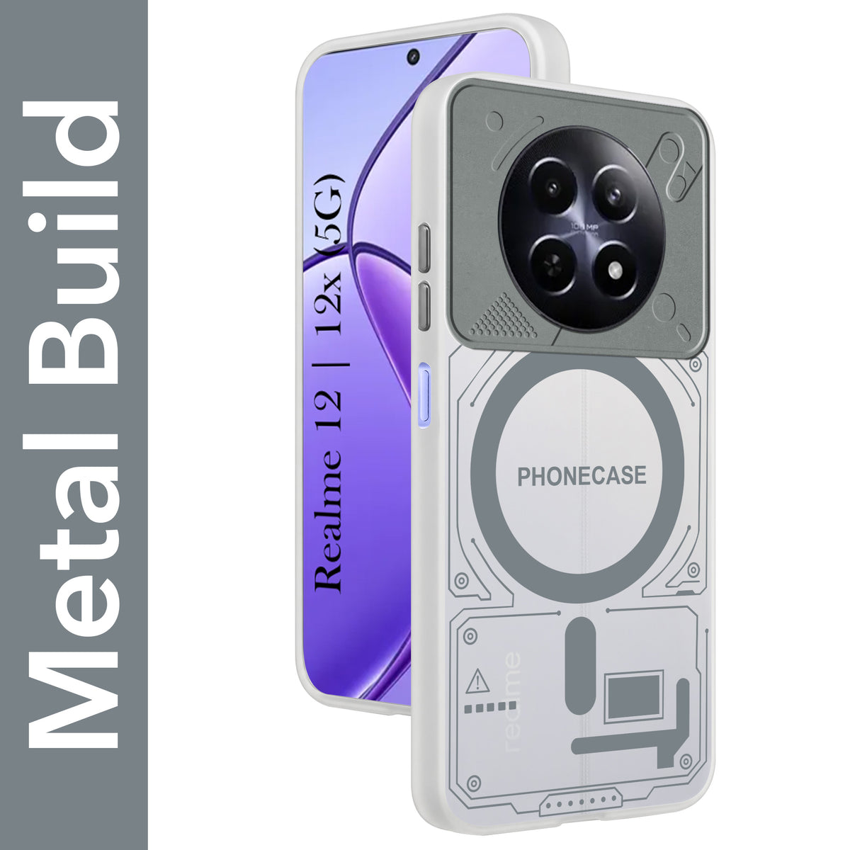 For Realme 12 | Realme 12X Metallic Back Cover Case (Metallic Camera Protection & Buttons | Translucent Milky Shade | Hard Polycarbonate)