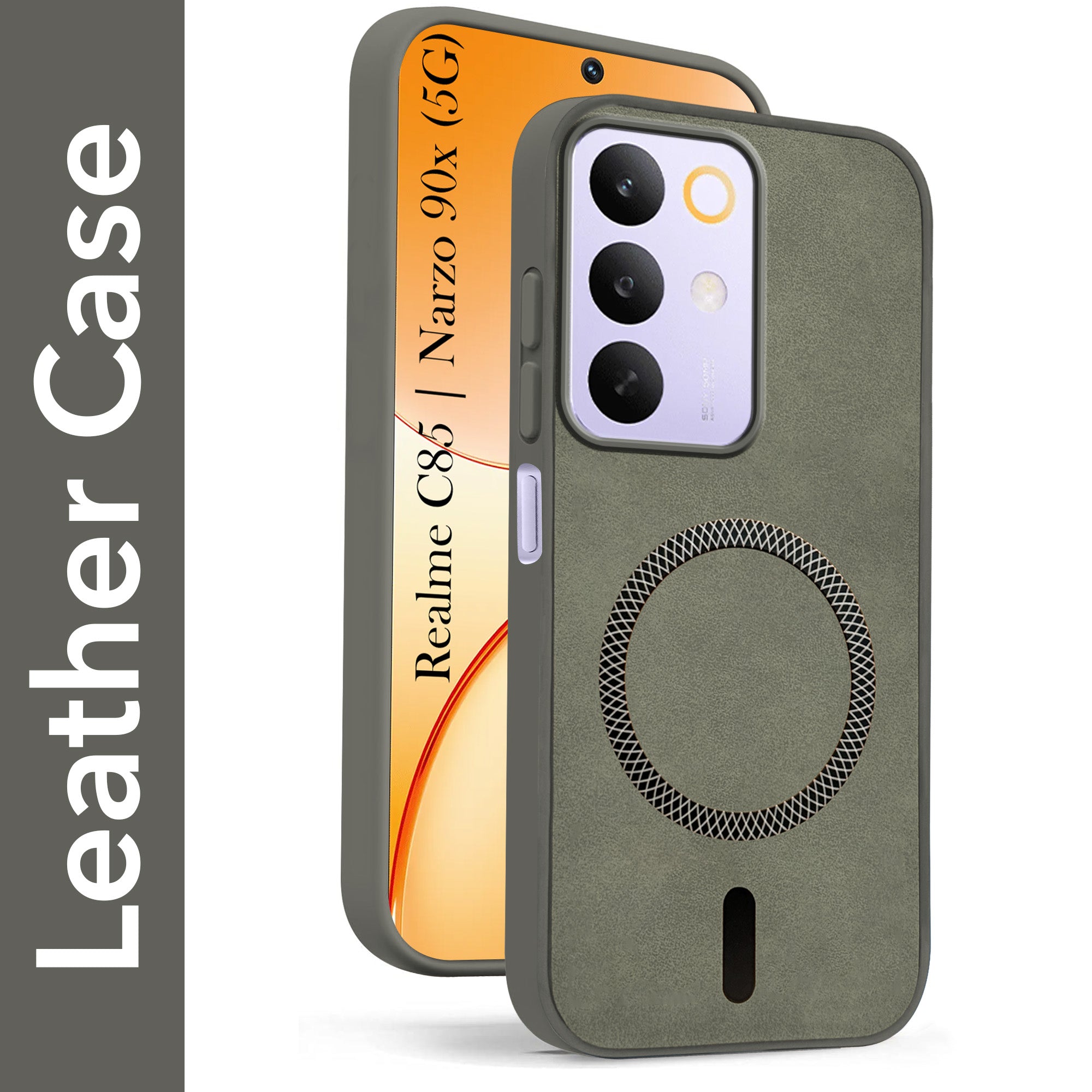 For Realme C85 5G | Realme Narzo 90x Back Cover Case Leather Finish (MagSafe Compatible Wireless Charging | Soft Touch | Camera Bump Protection)