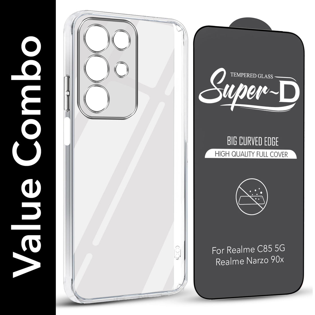 For Realme C85 5G | Realme Narzo 90x Combo with Back Cover and 9H Tempered Glass (Lifetime Anti-Yellow | Sleek Hard Crystal | Oleophobic Coating Screen Glass)