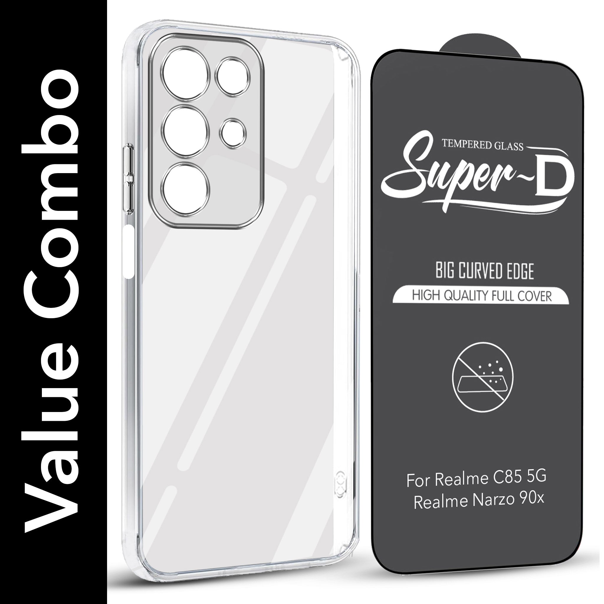 For Realme C85 5G | Realme Narzo 90x Combo with Back Cover and 9H Tempered Glass (Lifetime Anti-Yellow | Sleek Hard Crystal | Oleophobic Coating Screen Glass)
