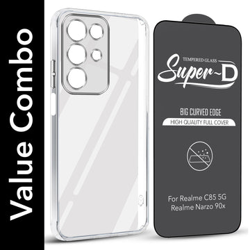 For Realme C85 5G | Realme Narzo 90x Combo with Back Cover and 9H Tempered Glass (Lifetime Anti-Yellow | Sleek Hard Crystal | Oleophobic Coating Screen Glass)