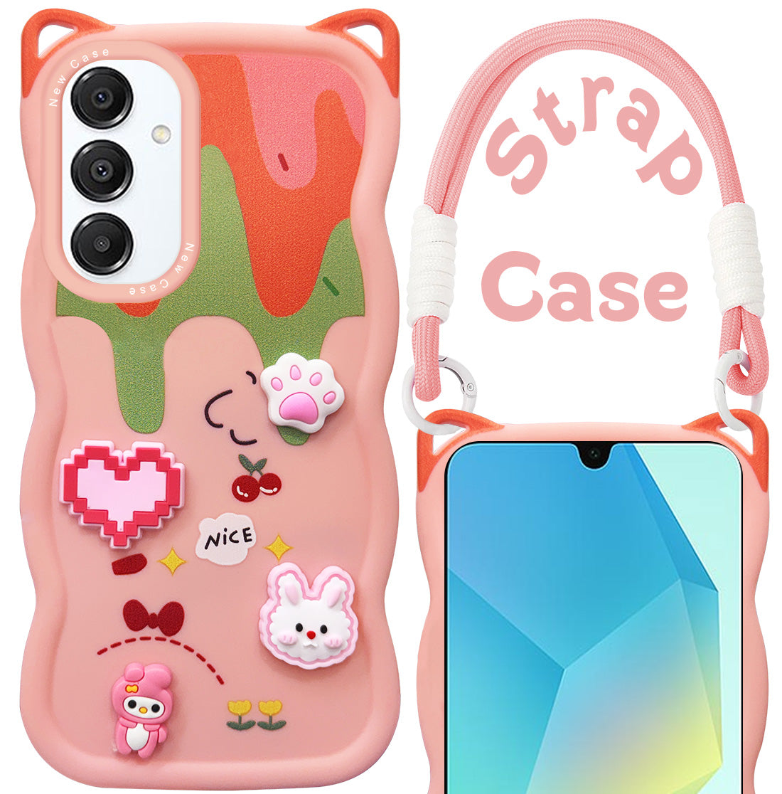 For Samsung Galaxy A16 5G Back Case Cover Strap (3D embossed Figures | Strap Holder | 360* Soft Cushion with Camera Bump)