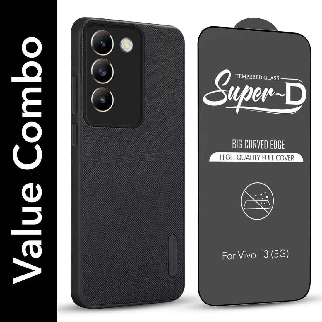 For Vivo T3 5G Combo with Back Cover and 9H Tempered Glass (Textured Grip Design | Micro-Fiber Cloth Inside | Oleophobic Coating Screen Glass)
