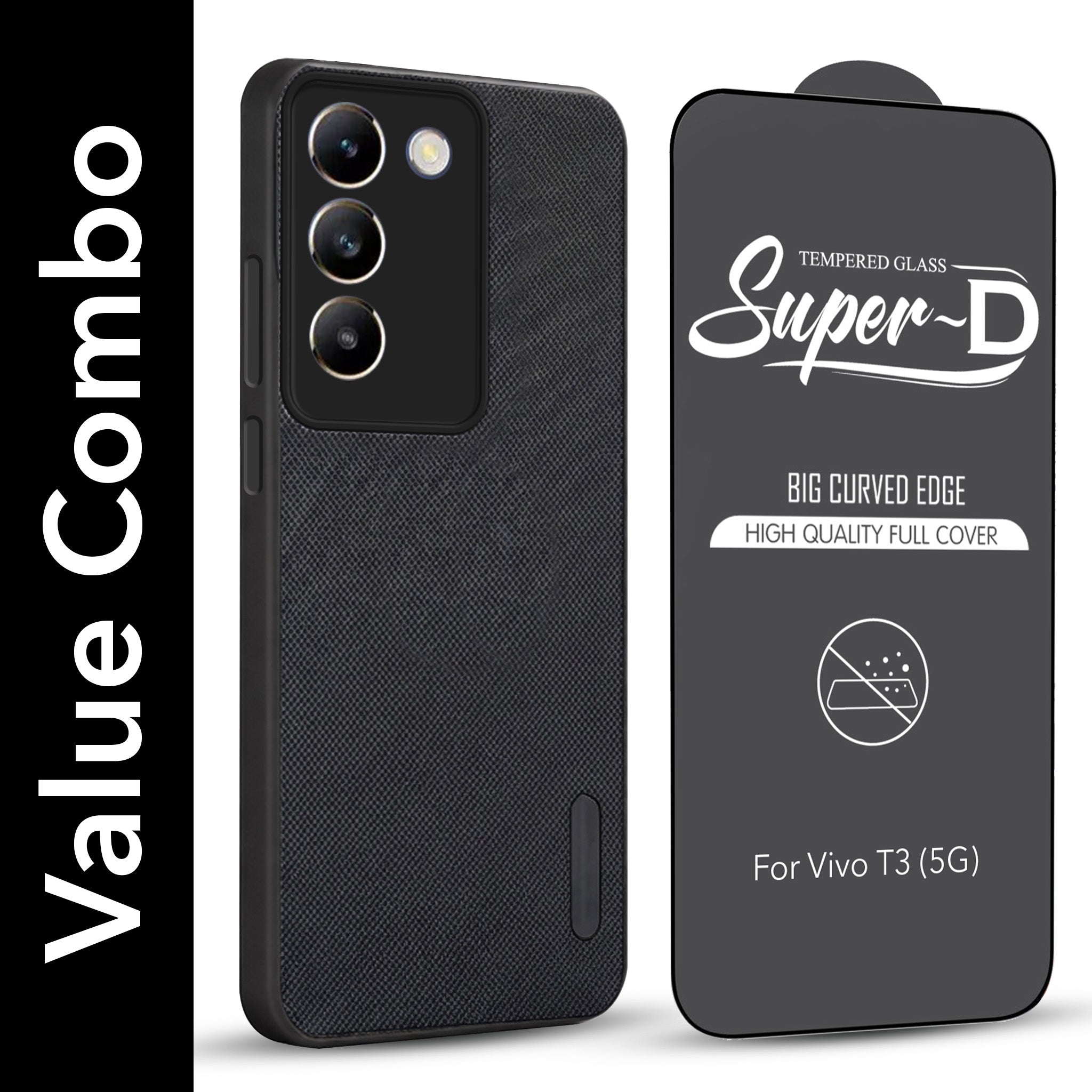 For Vivo T3 5G Combo with Back Cover and 9H Tempered Glass (Textured Grip Design | Micro-Fiber Cloth Inside | Oleophobic Coating Screen Glass)