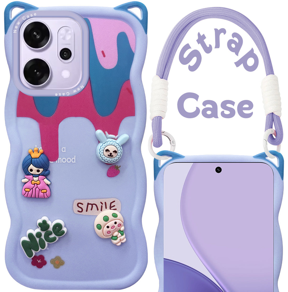 For Oppo Reno14 Pro 5G | Oppo Reno 14 Pro 5G Back Case Cover Strap (3D embossed Figures | Strap Holder | 360* Soft Cushion with Camera Bump)