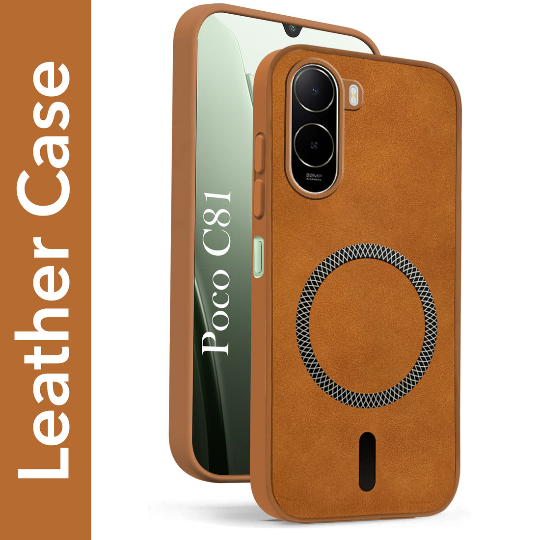 For Poco C81 Back Cover Case Leather Finish (MagSafe Compatible Wireless Charging | Soft Touch | Camera Bump Protection)