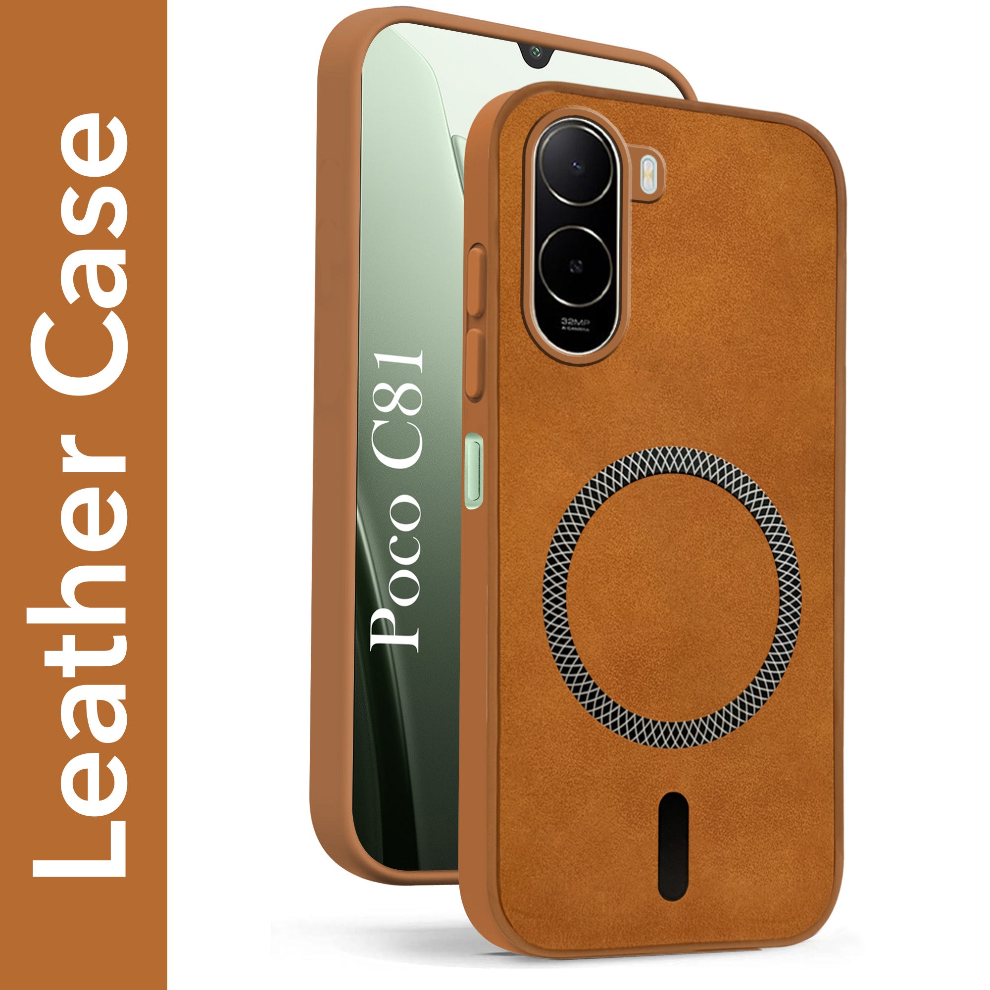 For Poco C81 Back Cover Case Leather Finish (MagSafe Compatible Wireless Charging | Soft Touch | Camera Bump Protection)