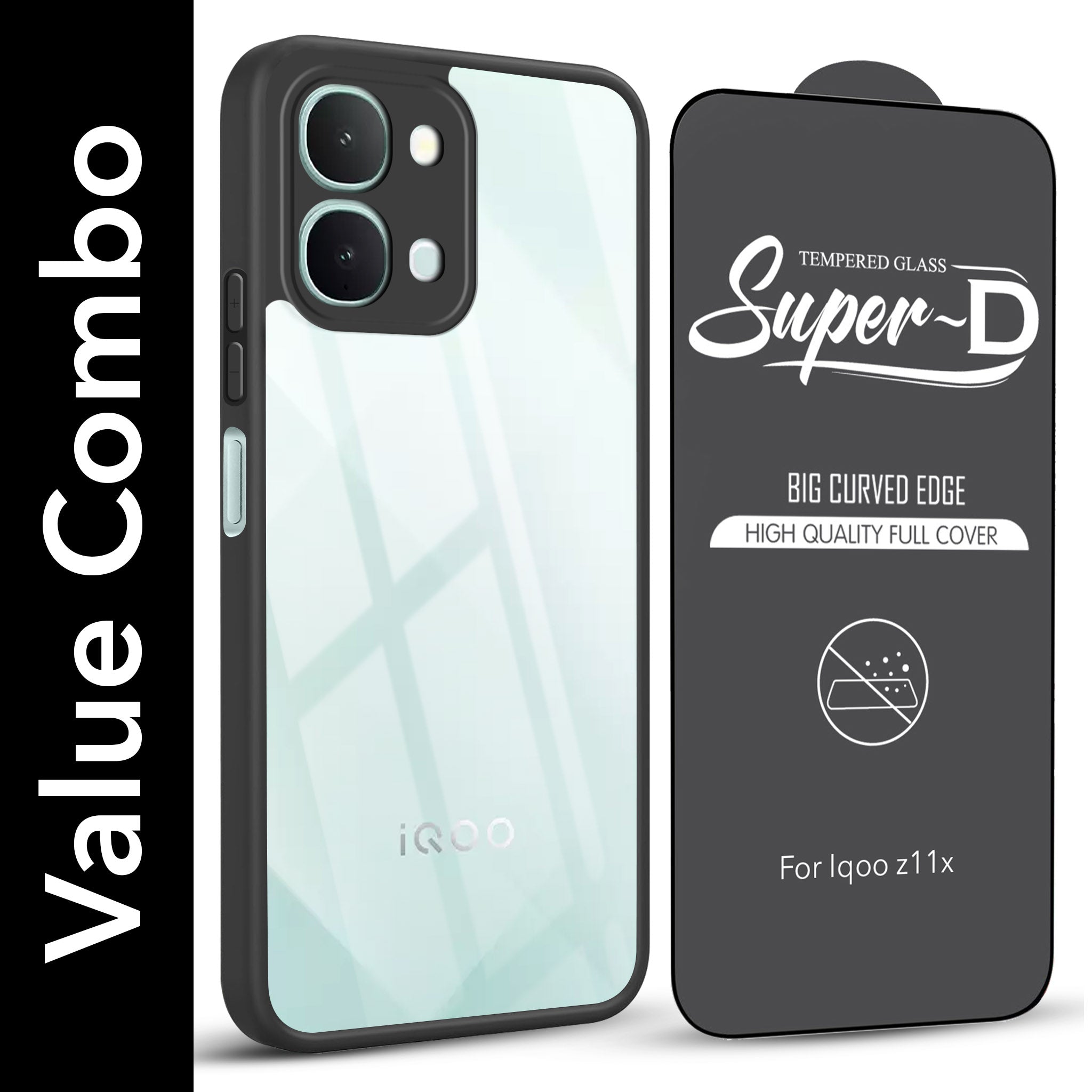 For Vivo iQOO Z11x 5G Combo with Back Cover and 9H Tempered Glass (Lifetime Anti-Yellow | Crystal Clear Shockproof | Oleophobic Coating Screen Glass)