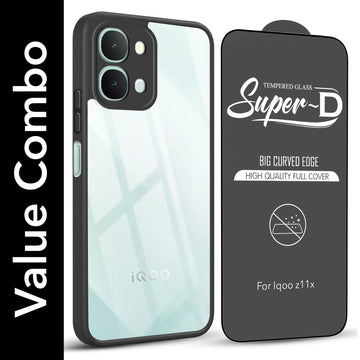For Vivo iQOO Z11x 5G Combo with Back Cover and 9H Tempered Glass (Lifetime Anti-Yellow | Crystal Clear Shockproof | Oleophobic Coating Screen Glass)