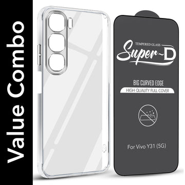 For Vivo Y31 5G Combo with Back Cover and 9H Tempered Glass (Lifetime Anti-Yellow | Sleek Hard Crystal | Oleophobic Coating Screen Glass)