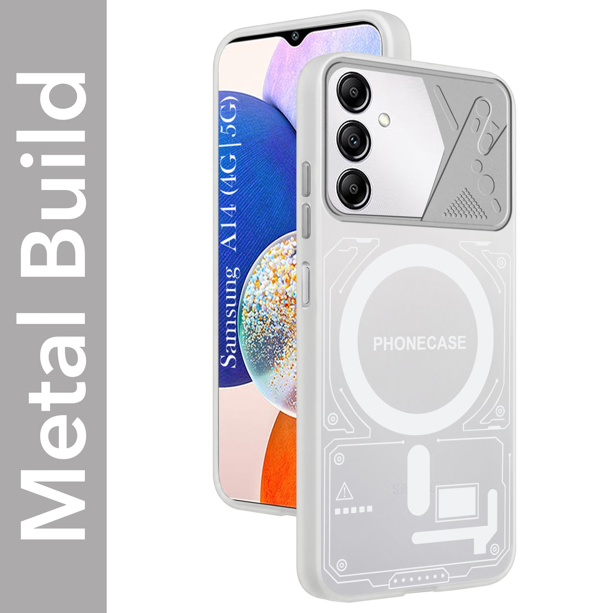 For Samsung Galaxy A14 4G | 5G Metallic Back Cover Case (Metallic Camera Protection & Buttons | Translucent Milky Shade | Hard Polycarbonate)