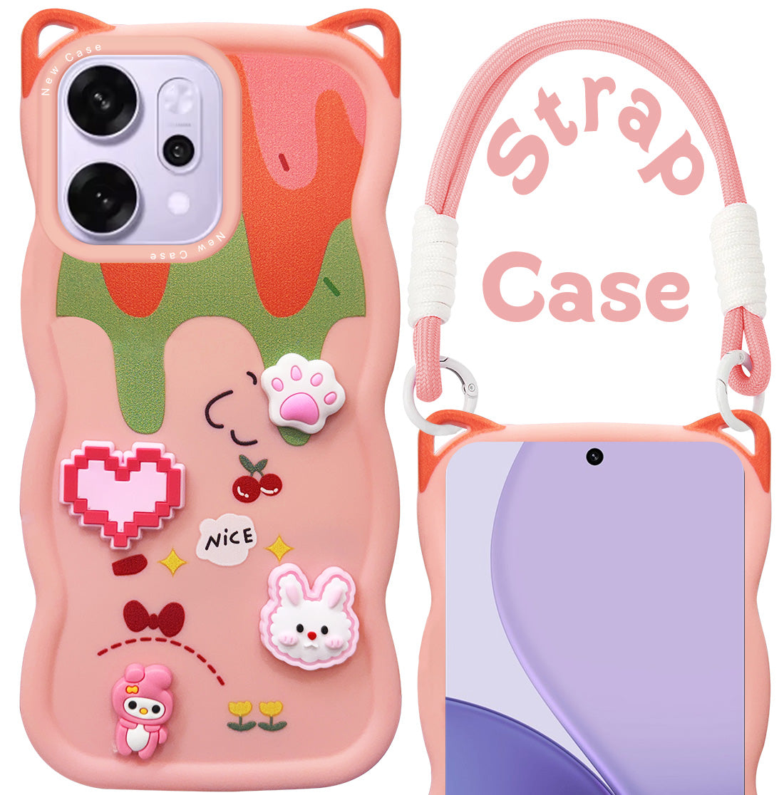 For Oppo Reno14 Pro 5G | Oppo Reno 14 Pro 5G Back Case Cover Strap (3D embossed Figures | Strap Holder | 360* Soft Cushion with Camera Bump)