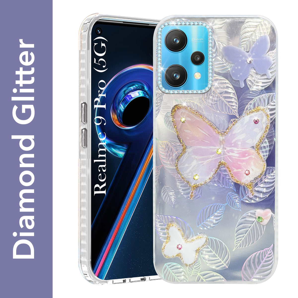 For Realme 9 Pro Back Cover Case (Luxury Floral Glitter Cute Butterfly | Diamond Studded Camera Bump | Girls & Women Design)