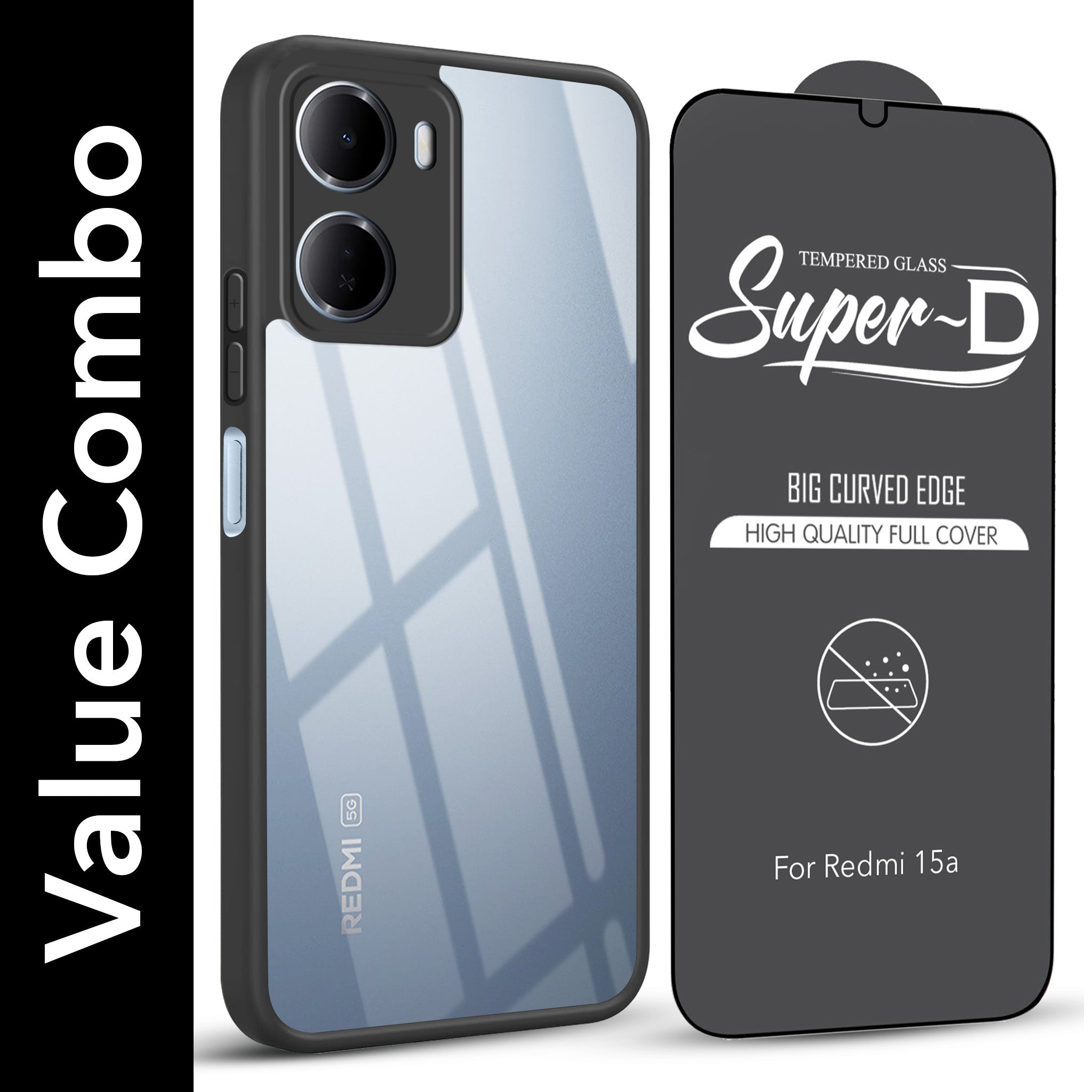 For Redmi 15A 5G Combo with Back Cover and 9H Tempered Glass (Lifetime Anti-Yellow | Crystal Clear Shockproof | Oleophobic Coating Screen Glass)
