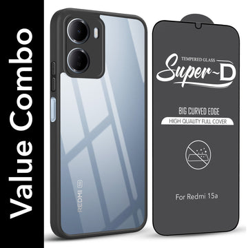 For Redmi 15A 5G Combo with Back Cover and 9H Tempered Glass (Lifetime Anti-Yellow | Crystal Clear Shockproof | Oleophobic Coating Screen Glass)