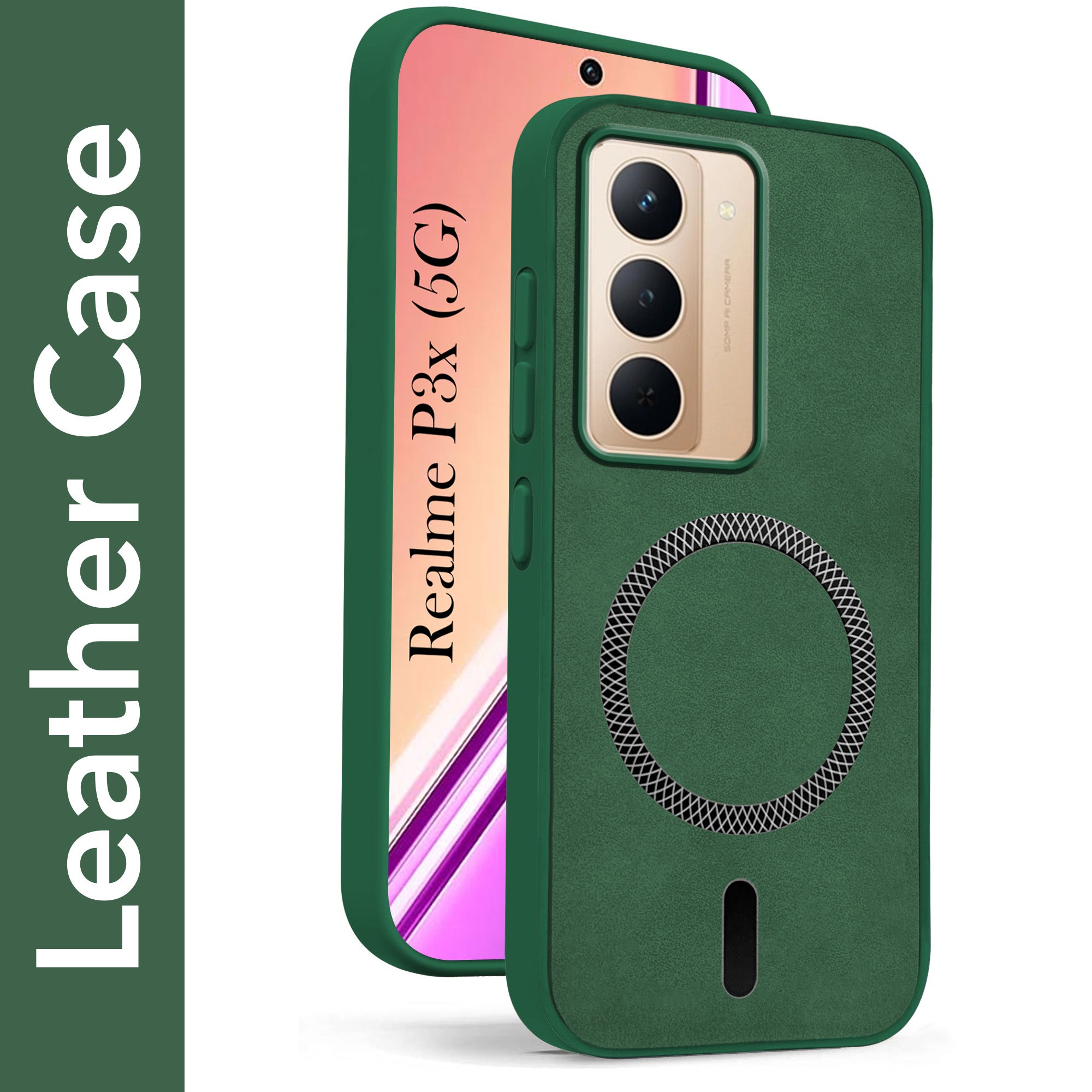 For Realme P3x Back Cover Case Leather Finish (MagSafe Compatible Wireless Charging | Soft Touch | Camera Bump Protection)