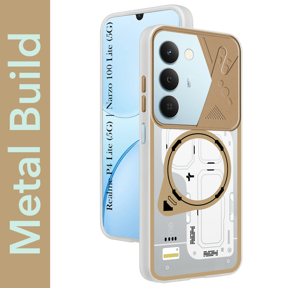 For Realme P4 Lite 5G | Narzo 100 Lite 5G Metallic Back Cover Case (Metallic Camera Protection & Buttons | Translucent Milky Shade | Hard Polycarbonate)