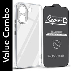 For Poco X8 Pro Combo with Back Cover and 9H Tempered Glass (Lifetime Anti-Yellow | Sleek Hard Crystal | Oleophobic Coating Screen Glass)