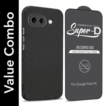 For Google Pixel 9A Combo with Back Cover and 9H Tempered Glass (Liquid Silicone | Camera Protection | Oleophobic Coating Screen Glass)