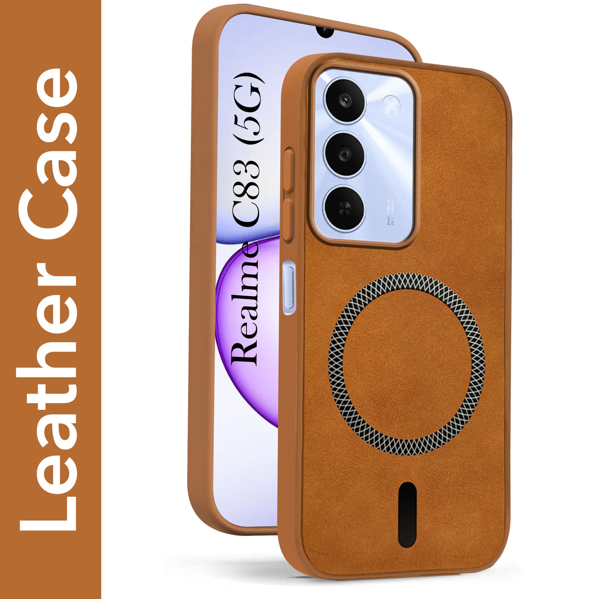 For Realme C83 5G Back Cover Case Leather Finish (MagSafe Compatible Wireless Charging | Soft Touch | Camera Bump Protection)