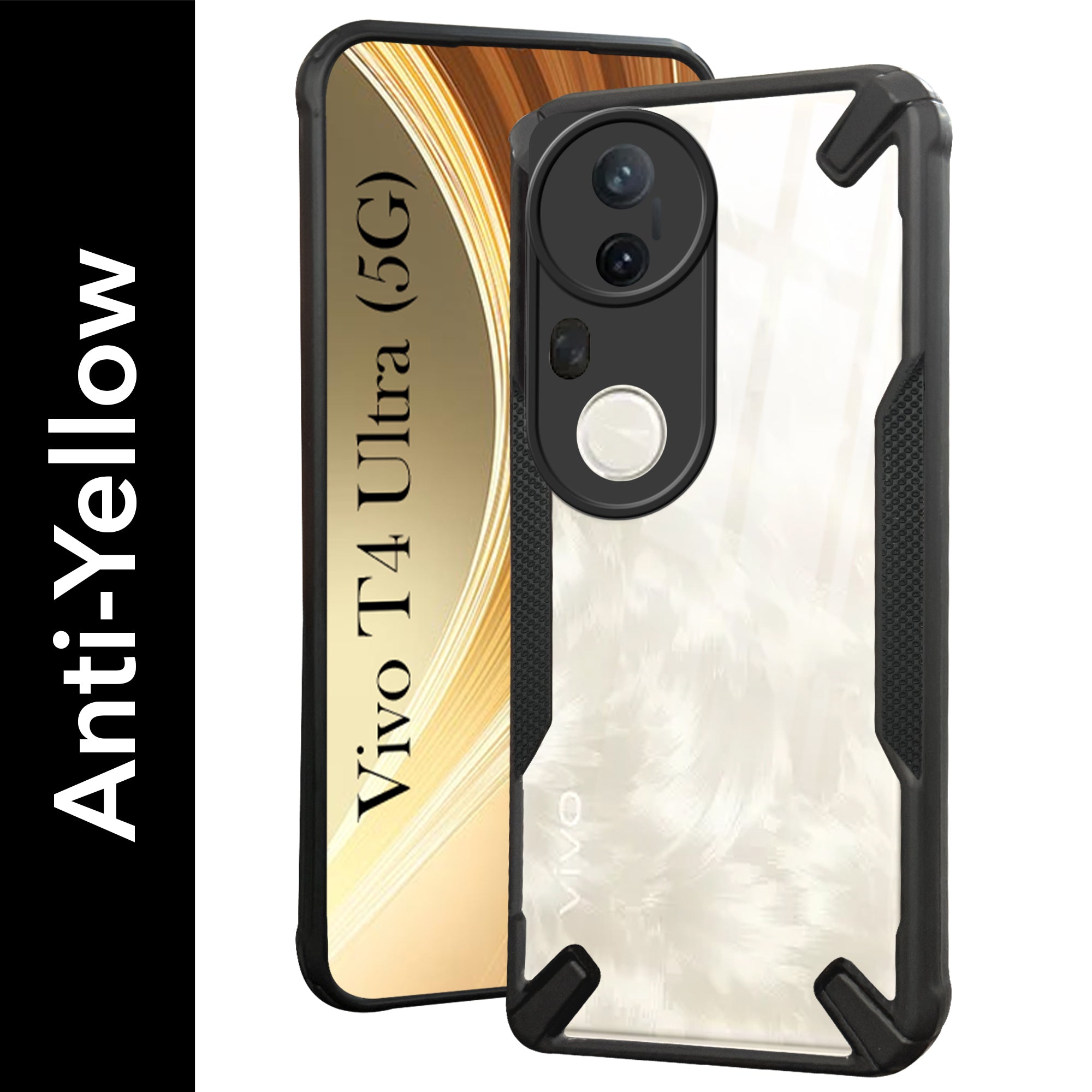 For Vivo T4 Ultra Back Cover Case  (Hybrid Crystal | Ultimate Shockproof Bumpers | Anti Yellow | Rugged Armor | Black )