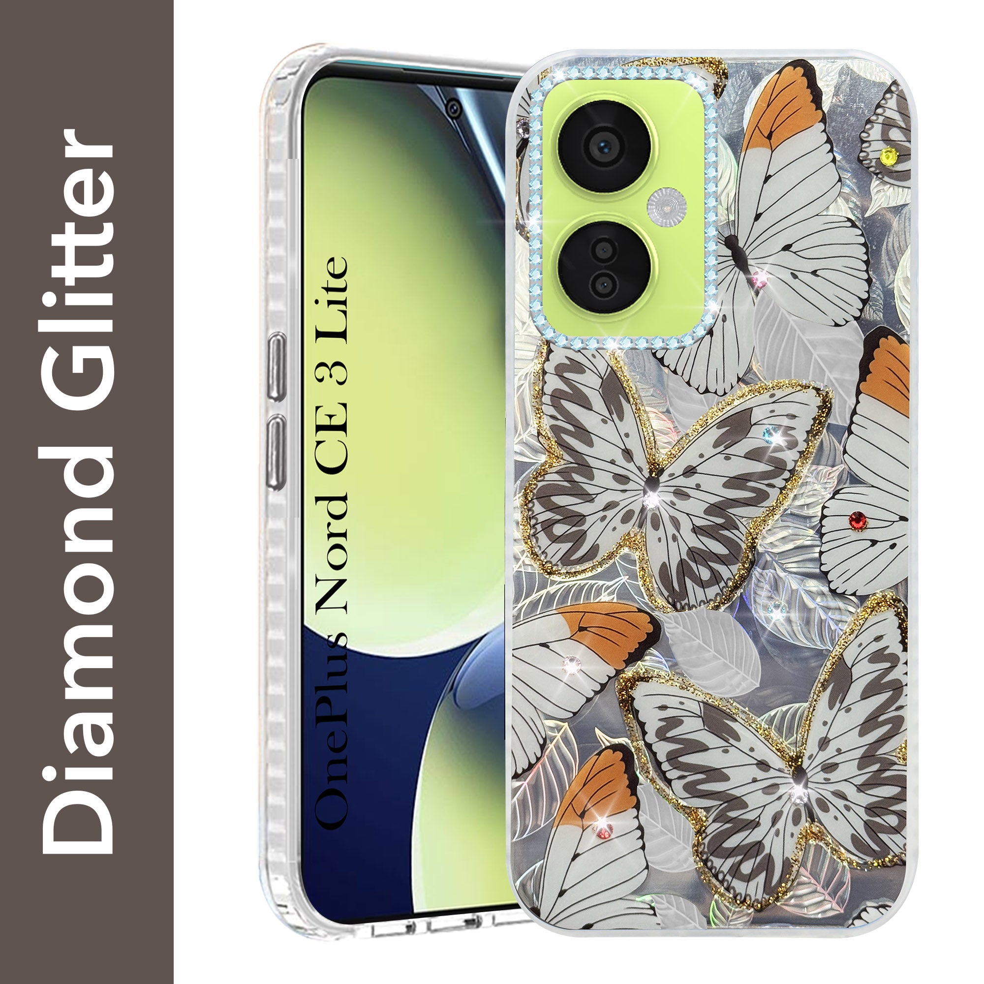 For OnePlus Nord CE 3 Lite Back Cover Case (Luxury Floral Glitter Cute Butterfly | Diamond Studded Camera Bump | Girls & Women Design)