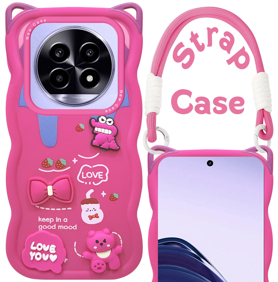 For Realme 13 Pro | Realme 13 Pro Plus 5G Back Case Cover Strap(3D embossed Figures | Strap Holder | 360* Soft Cushion with Camera Bump)