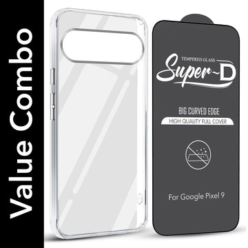 For Google Pixel 9 Combo with Back Cover and 9H Tempered Glass (Lifetime Anti-Yellow | Sleek Hard Crystal | Oleophobic Coating Screen Glass)