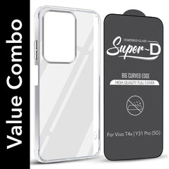 For  Vivo T4x | Vivo Y31 Pro Combo with Back Cover and 9H Tempered Glass (Lifetime Anti-Yellow | Sleek Hard Crystal | Oleophobic Coating Screen Glass)