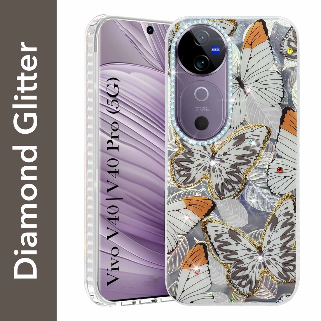 For Vivo V40 | Vivo V40 Pro 5G Back Cover Case (Luxury Floral Glitter Cute Butterfly | Diamond Studded Camera Bump | Girls & Women Design)
