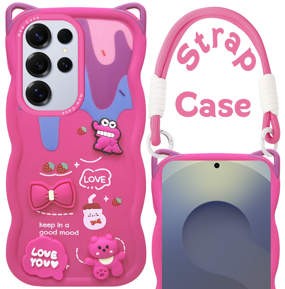 For Samsung Galaxy S25 Ultra Back Case Cover Strap (3D embossed Figures | Strap Holder | 360* Soft Cushion with Camera Bump)
