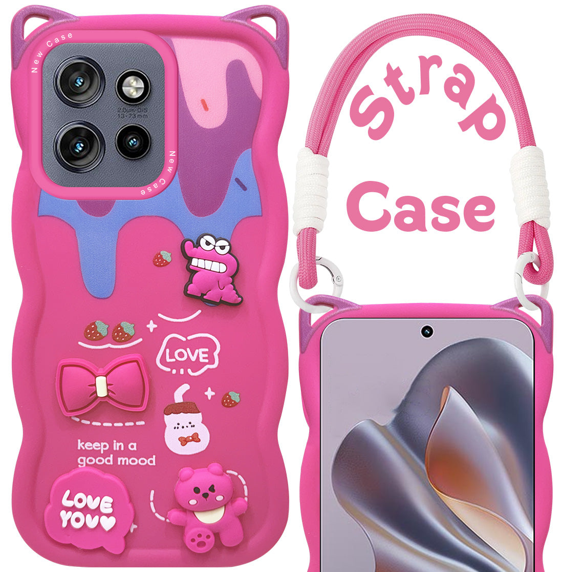 For Motorola Moto Edge 50 Neo Back Case Cover Strap (3D embossed Figures | Strap Holder | 360* Soft Cushion with Camera Bump)