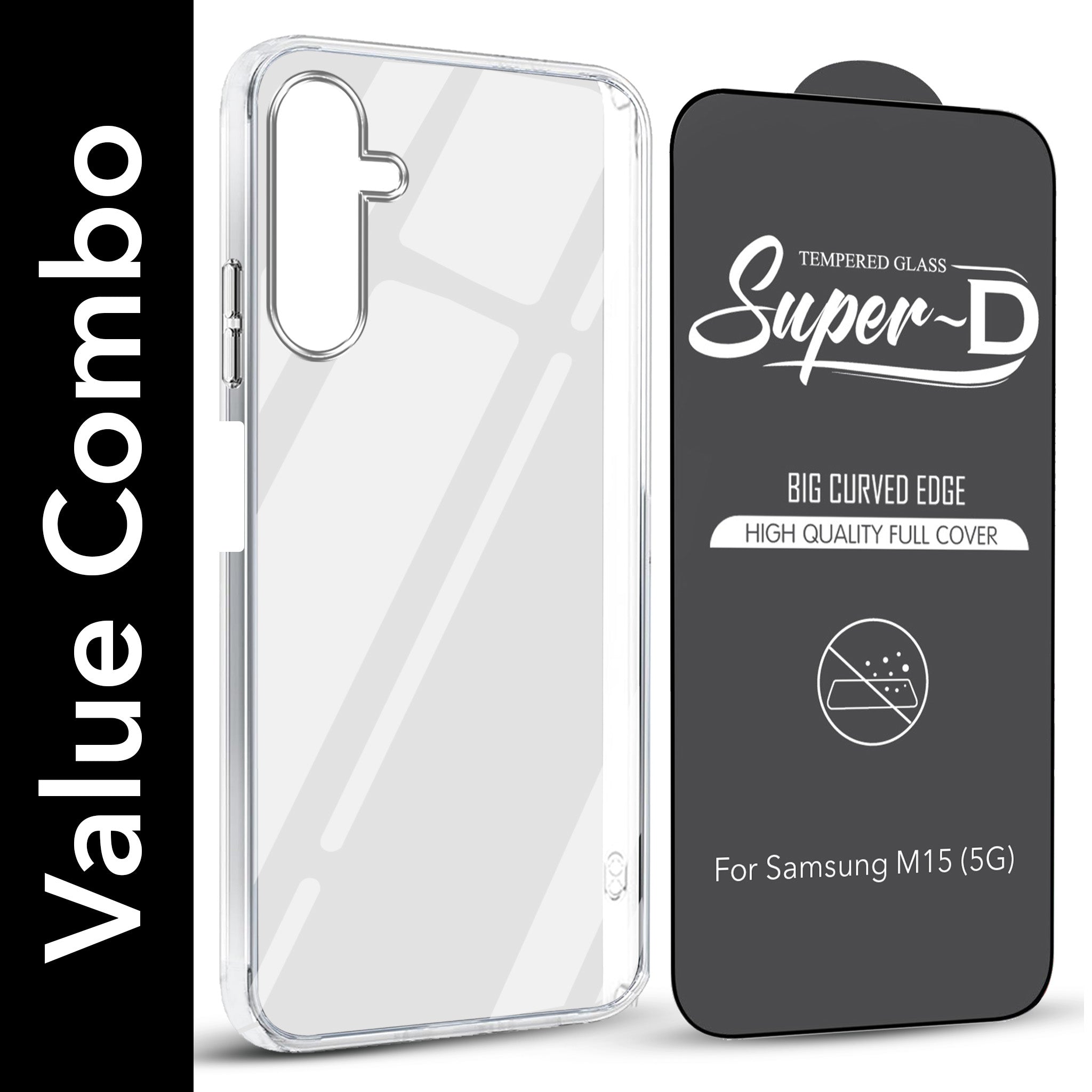 For Samsung Galaxy M15 5G Combo with Back Cover and 9H Tempered Glass (Lifetime Anti-Yellow | Sleek Hard Crystal | Oleophobic Coating Screen Glass)