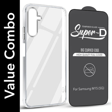 For Samsung Galaxy M15 5G Combo with Back Cover and 9H Tempered Glass (Lifetime Anti-Yellow | Sleek Hard Crystal | Oleophobic Coating Screen Glass)