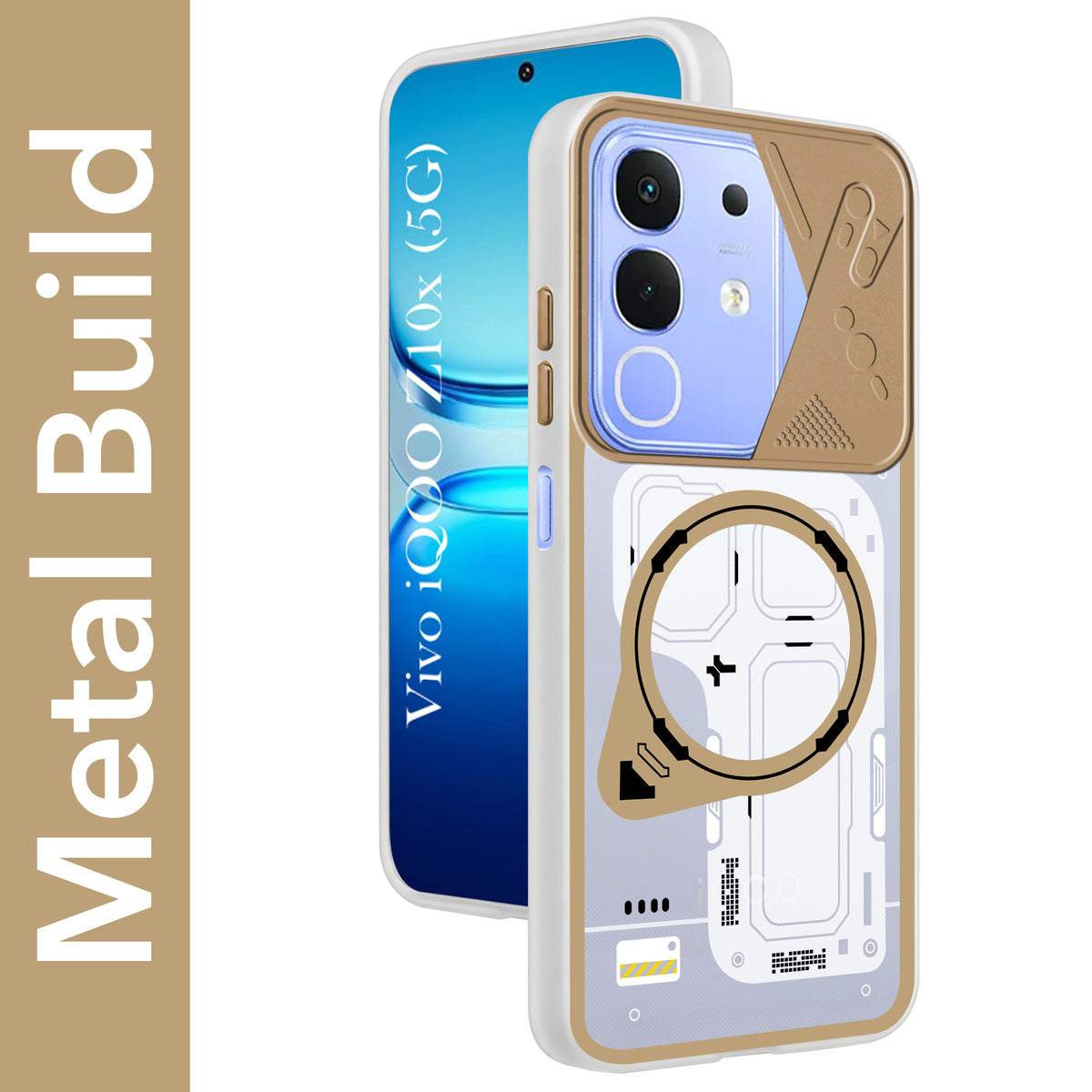For Vivo iQOO Z10x Metallic Back Cover Case (Metallic Camera Protection & Buttons | Translucent Milky Shade | Hard Polycarbonate)