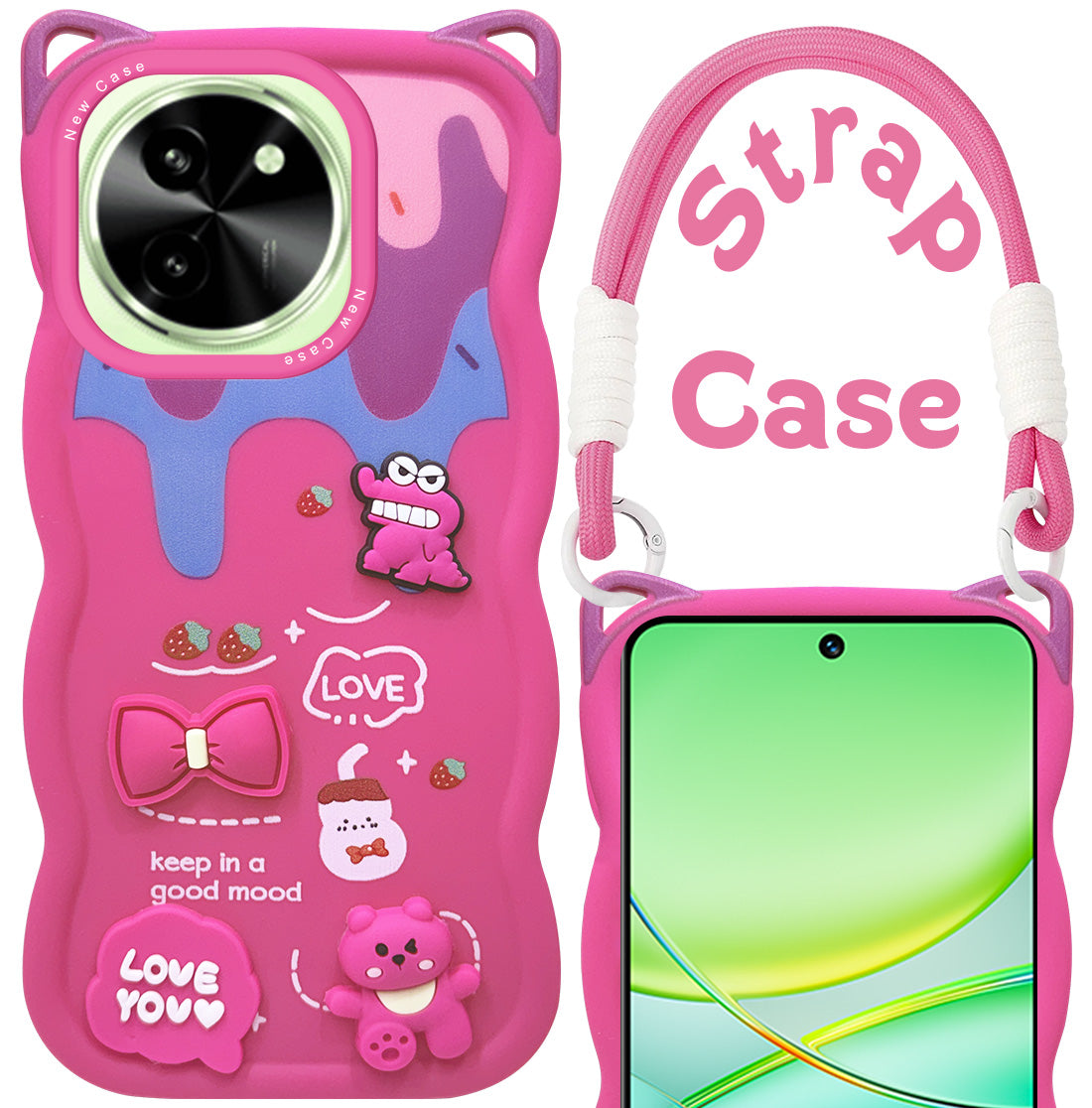 For Vivo T3X 5G Back Case Cover Strap (3D Embossed Figures | Strap Holder | 360* Soft Cushion with Camera Bump)