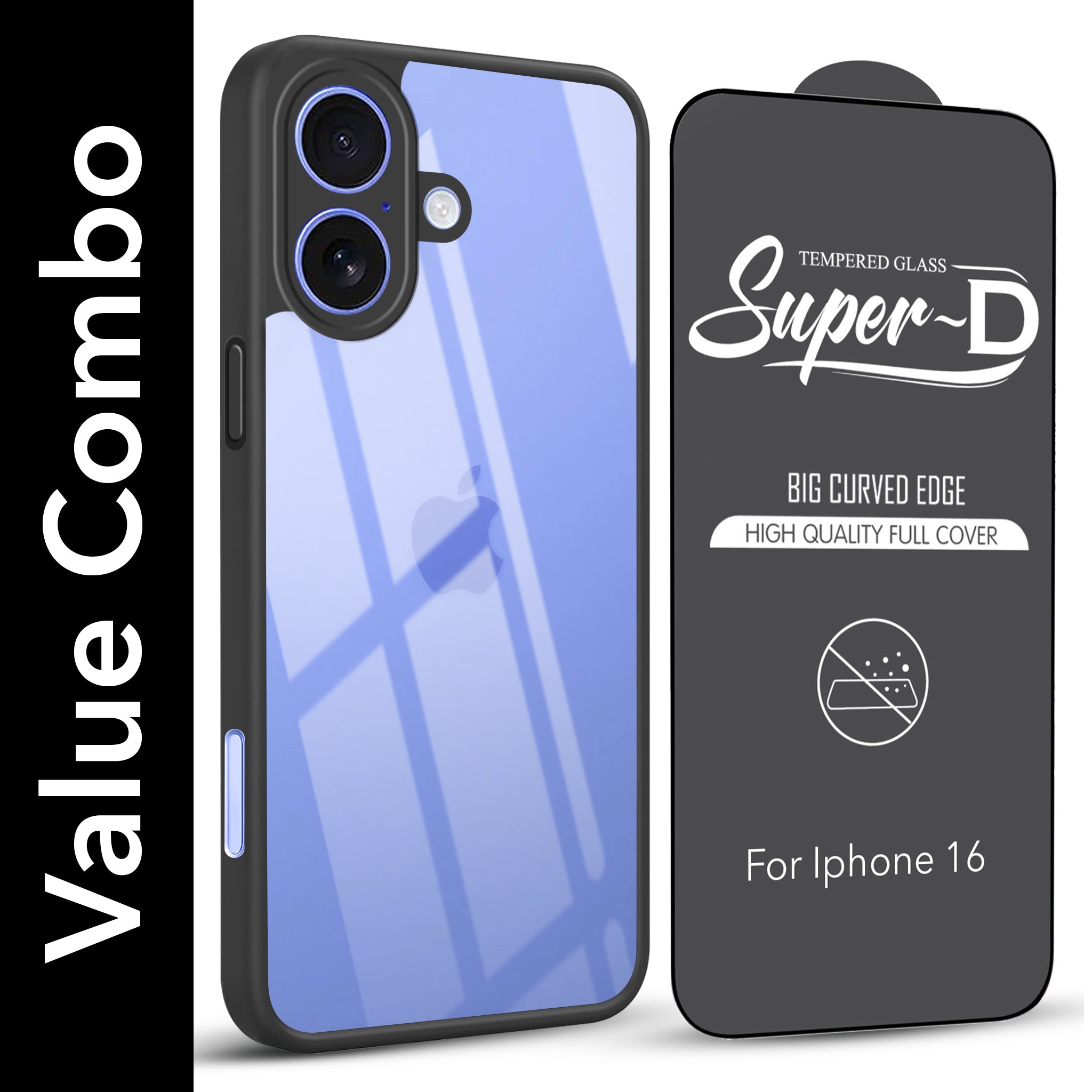 For Apple iPhone 16 Combo with Back Cover and 9H Tempered Glass (Lifetime Anti-Yellow | Crystal Clear Shockproof | Oleophobic Coating Screen Glass)