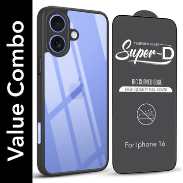 For Apple iPhone 16 Combo with Back Cover and 9H Tempered Glass (Lifetime Anti-Yellow | Crystal Clear Shockproof | Oleophobic Coating Screen Glass)