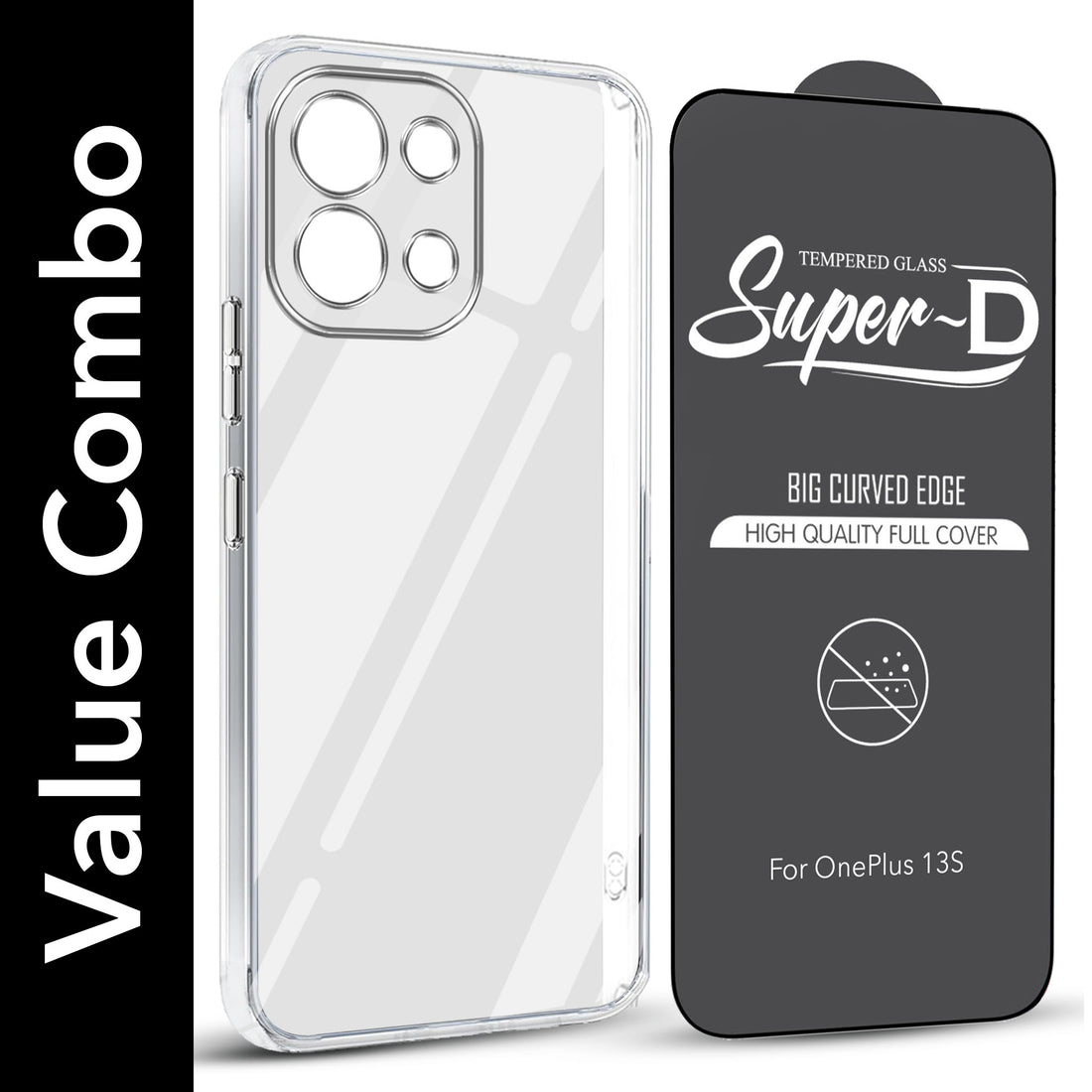 For OnePlus 13S Combo with Back Cover and 9H Tempered Glass (Lifetime Anti-Yellow | Sleek Hard Crystal | Oleophobic Coating Screen Glass)