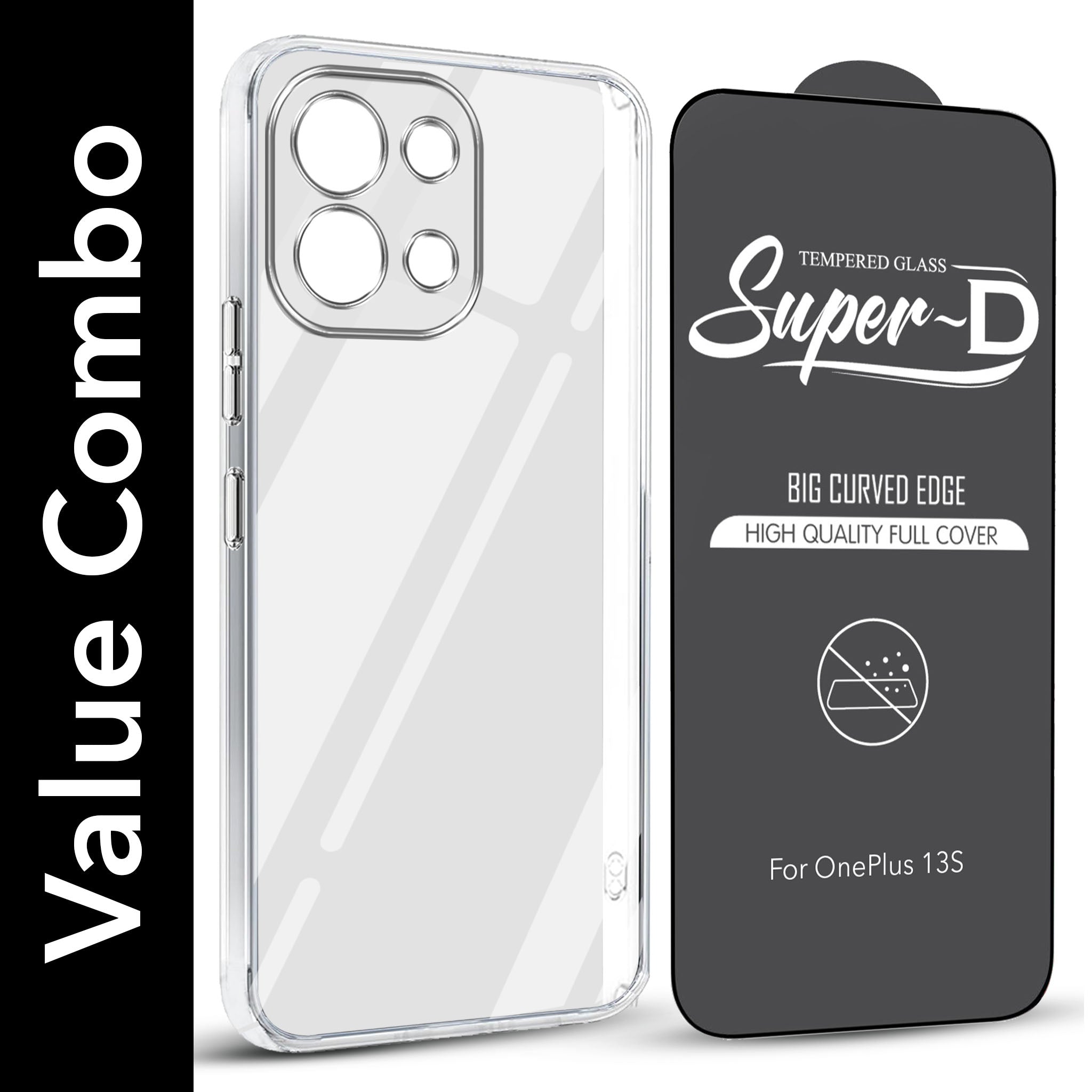 For OnePlus 13S Combo with Back Cover and 9H Tempered Glass (Lifetime Anti-Yellow | Sleek Hard Crystal | Oleophobic Coating Screen Glass)