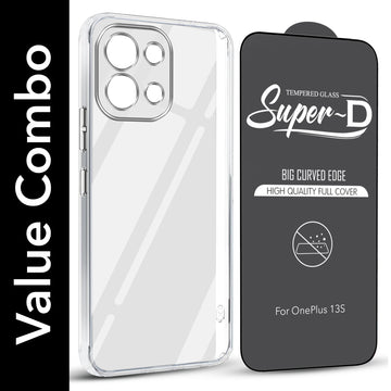 For OnePlus 13S Combo with Back Cover and 9H Tempered Glass (Lifetime Anti-Yellow | Sleek Hard Crystal | Oleophobic Coating Screen Glass)