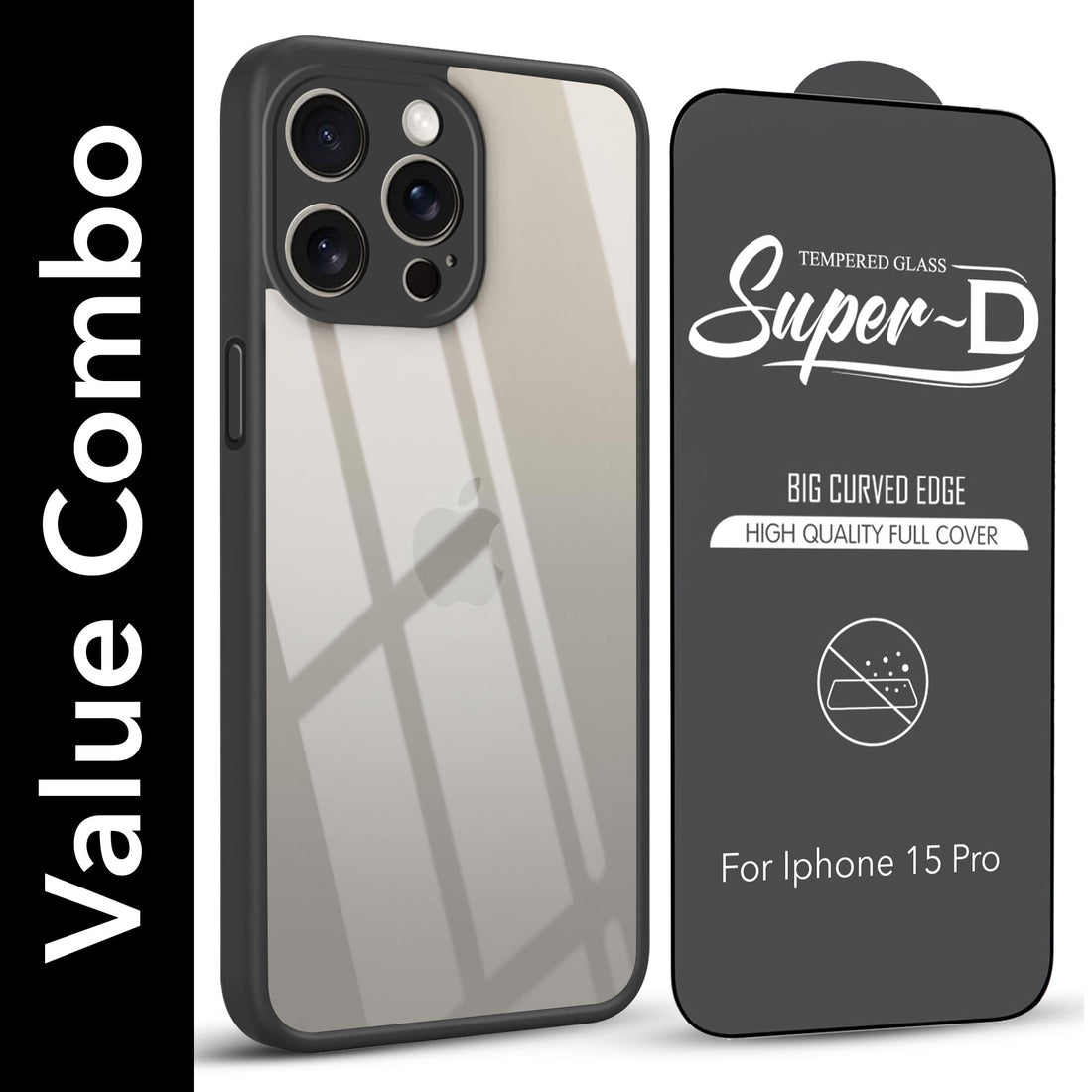 For Apple iPhone 15 Pro Combo with Back Cover and 9H Tempered Glass (Lifetime Anti-Yellow | Crystal Clear Shockproof | Oleophobic Coating Screen Glass)
