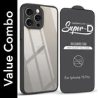 For Apple iPhone 15 Pro Combo with Back Cover and 9H Tempered Glass (Lifetime Anti-Yellow | Crystal Clear Shockproof | Oleophobic Coating Screen Glass)