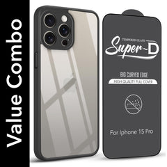 For Apple iPhone 15 Pro Combo with Back Cover and 9H Tempered Glass (Lifetime Anti-Yellow | Crystal Clear Shockproof | Oleophobic Coating Screen Glass)