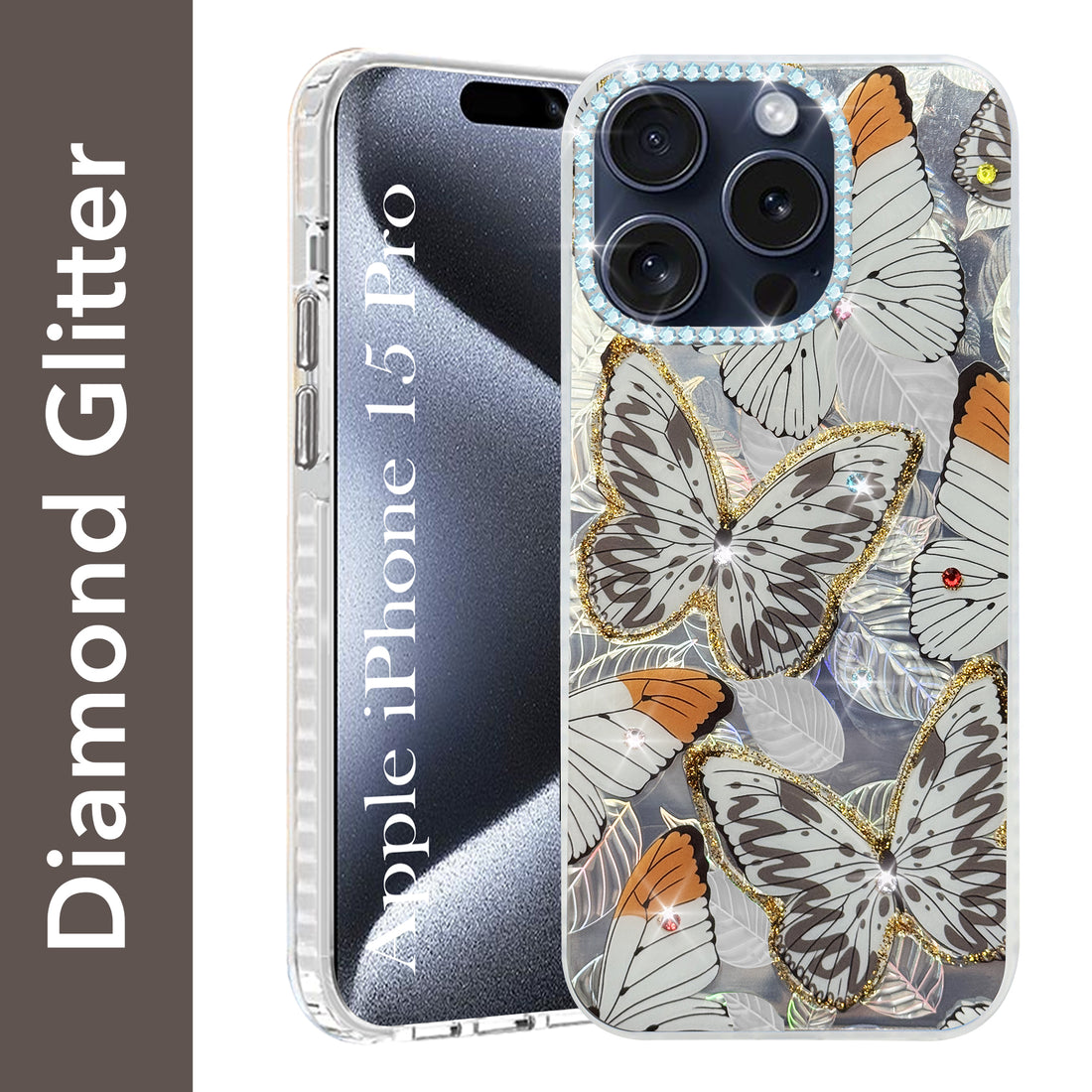 For Apple iPhone 15 Pro Back Cover Case (Luxury Floral Glitter Cute Butterfly | Diamond Studded Camera Bump | Girls & Women Design)