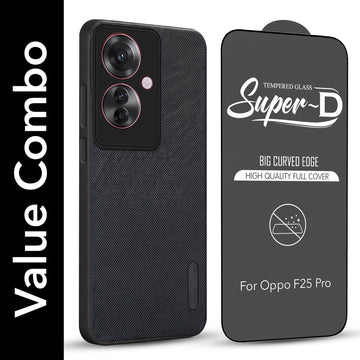 For Oppo F25 Pro 5G Combo with Back Cover and 9H Tempered Glass (Textured Grip Design | Micro-Fiber Cloth Inside | Oleophobic Coating Screen Glass)
