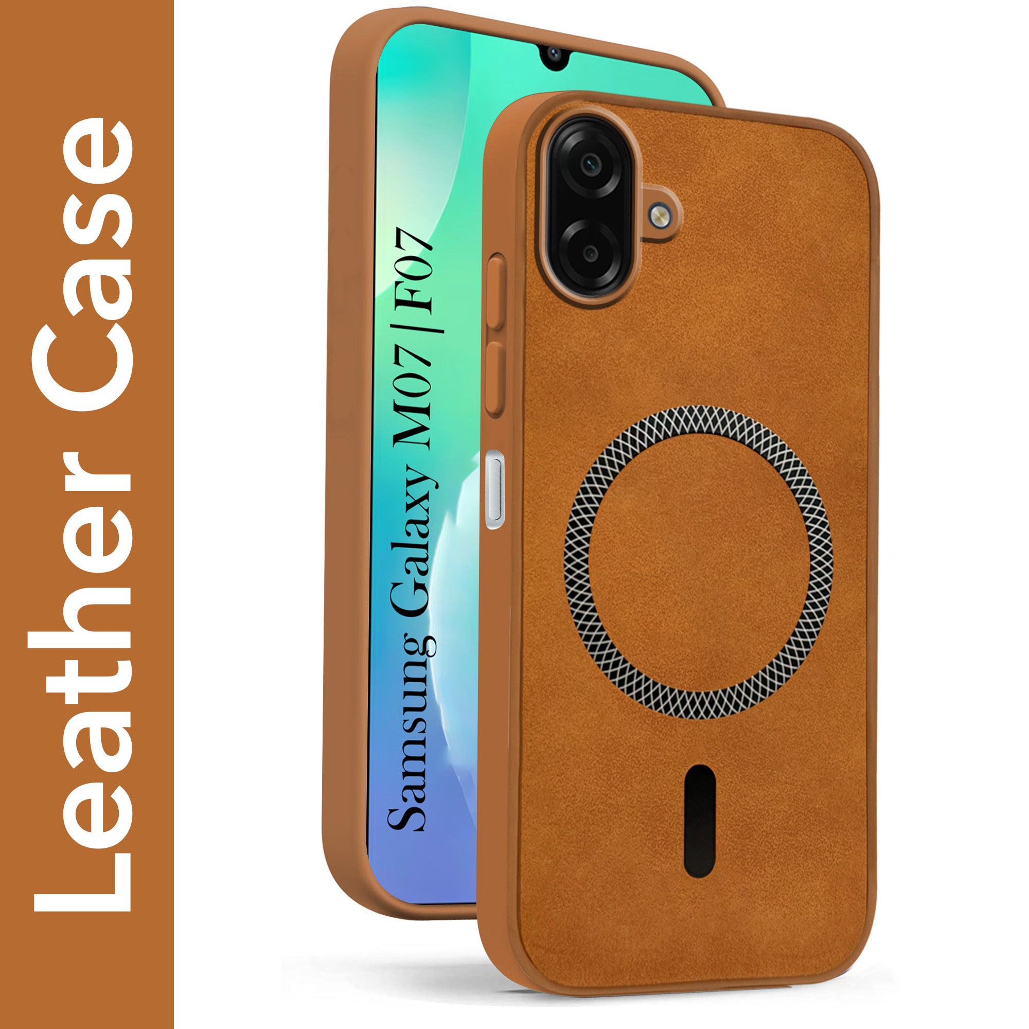 For Samsung Galaxy M07 | Samsung Galaxy F07 Back Cover Case Leather Finish (MagSafe Compatible Wireless Charging | Soft Touch | Camera Bump Protection)